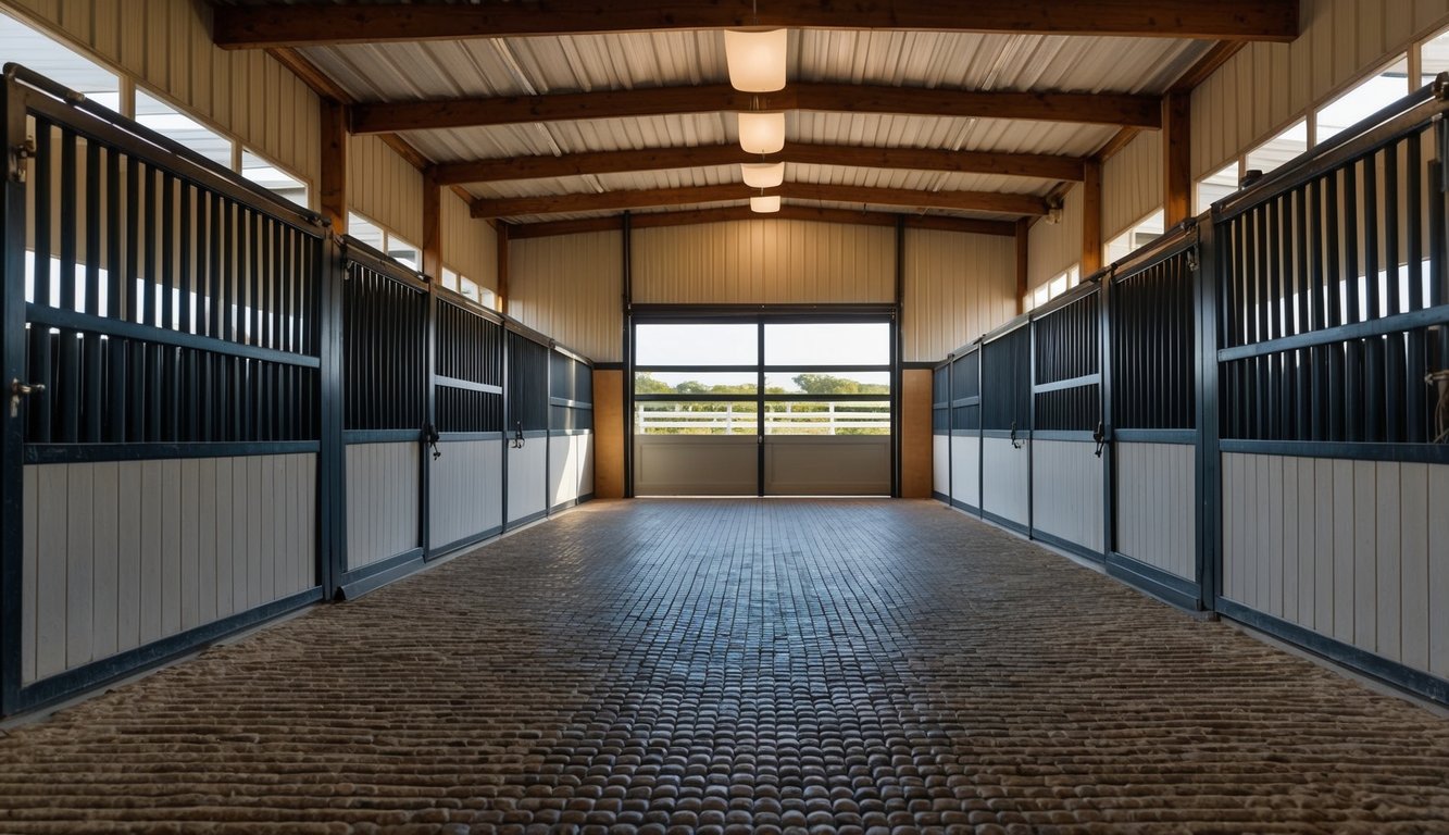 A spacious, well-ventilated stable with soft, non-slip flooring, ample natural light, and access to a secure outdoor area for exercise and socialization