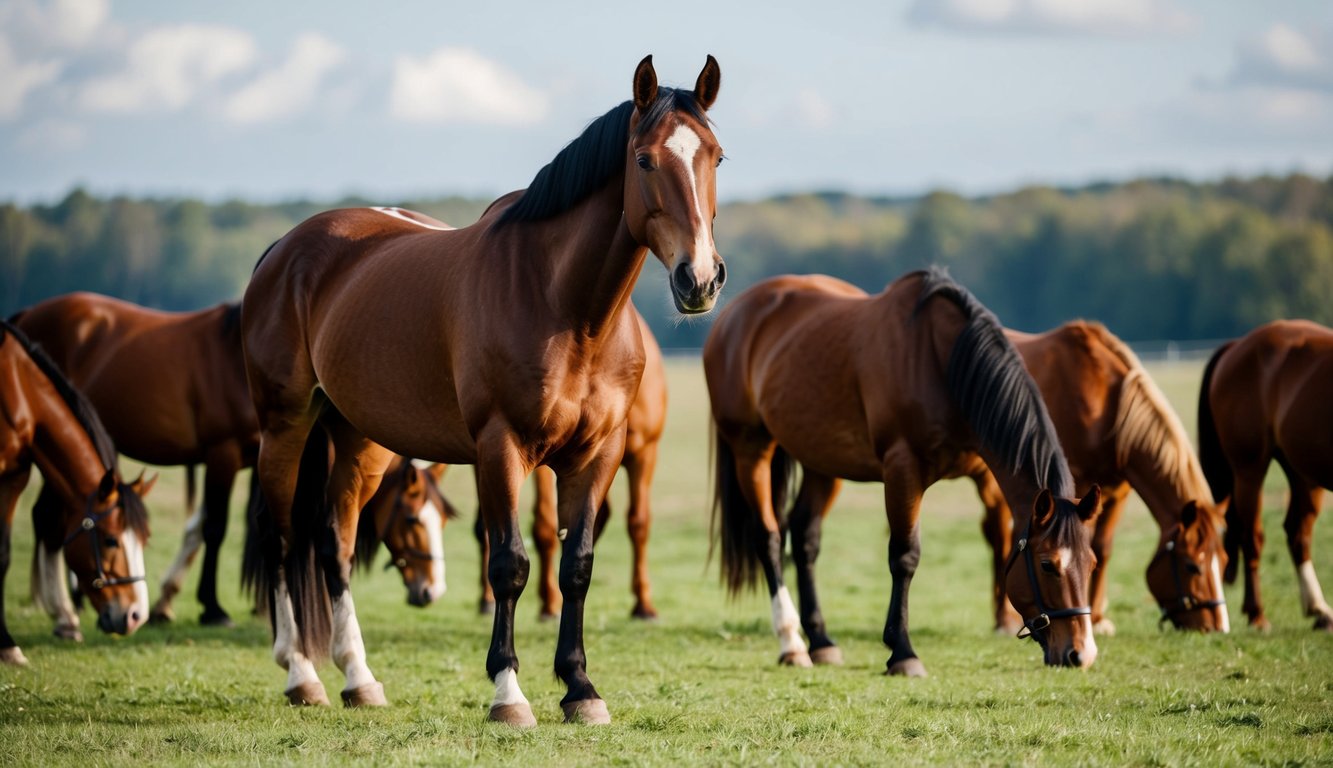 A dominant horse stands tall, while others graze and interact in a field, displaying the hierarchy and social dynamics within the herd