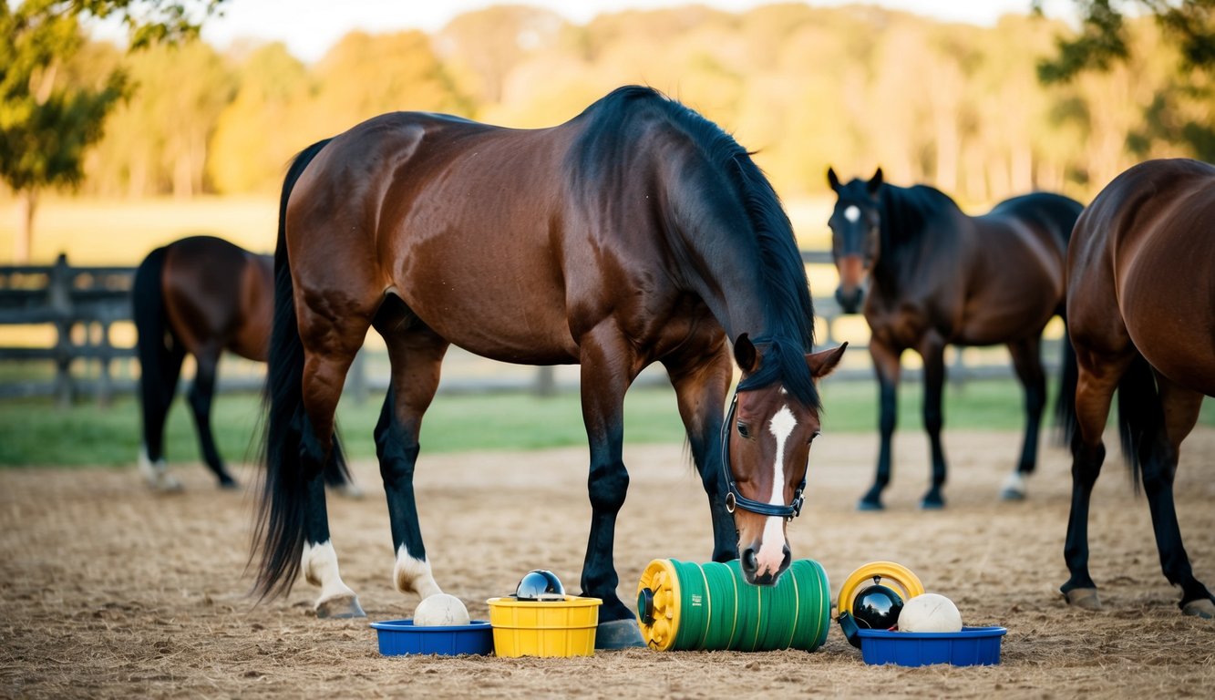 A horse interacting with various enrichment items in a spacious and natural environment, surrounded by other horses