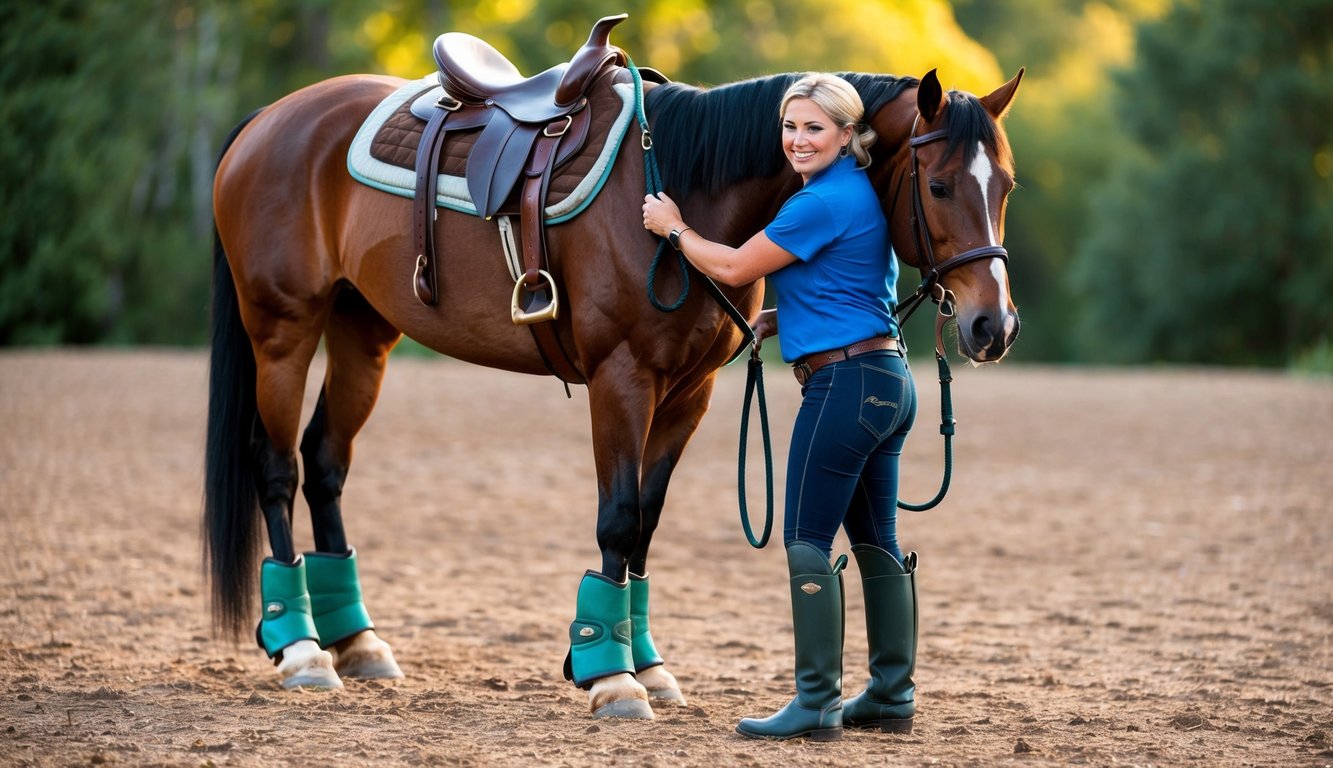 A horse being groomed and fitted with saddle, bridle, and protective boots before heading out on a trail ride