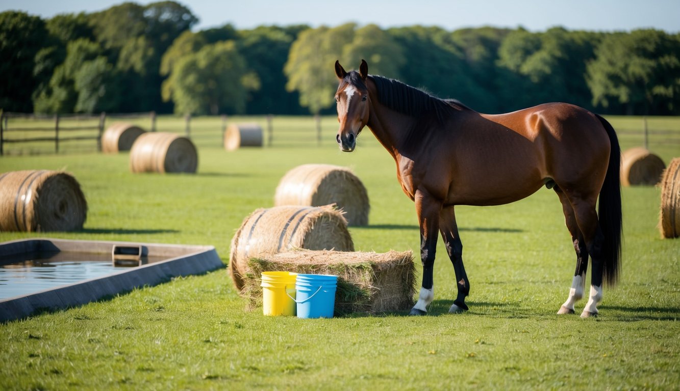 A group of horses grazing in a sunlit meadow, some standing close together while others wander nearby, displaying various social interactions and dynamics