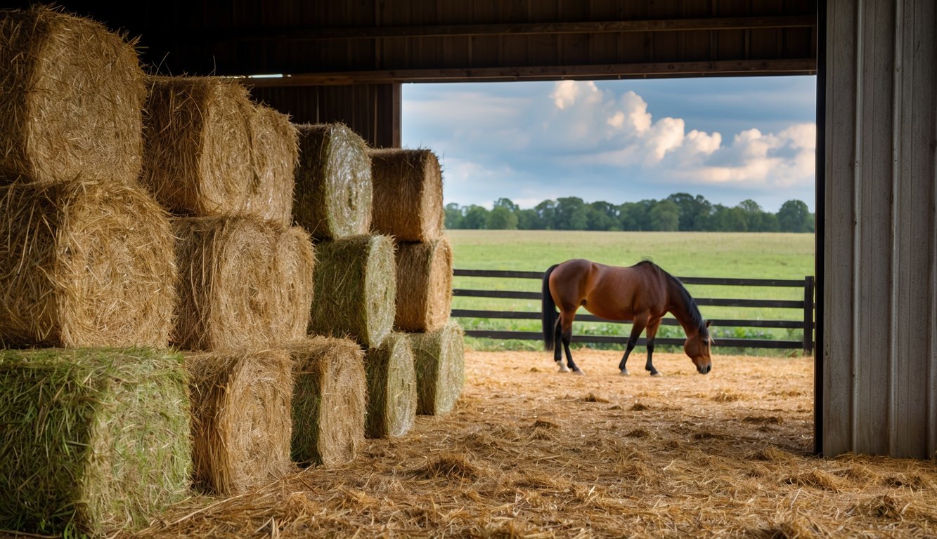 A barn filled with neatly stacked bales of hay and forage, with a horse peacefully grazing in the background