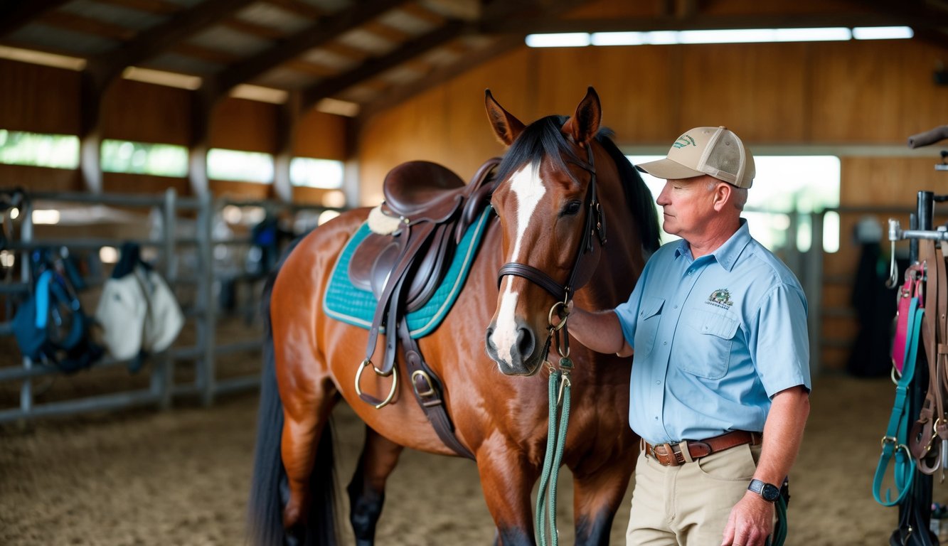 A horse being groomed and fitted with a saddle and bridle in a barn, surrounded by various pieces of trail riding equipment