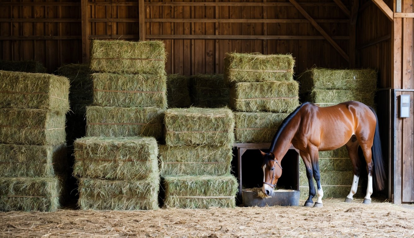 A barn filled with neatly stacked bales of hay, with a horse feeding from a manger in the corner