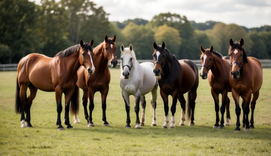 A variety of horse breeds in a tranquil pasture, each displaying unique temperaments through body language and interactions