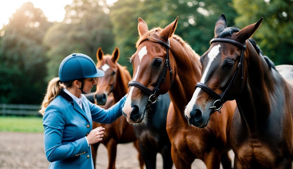 A beginner equestrian carefully examines a group of horses, considering their size, temperament, and suitability for learning