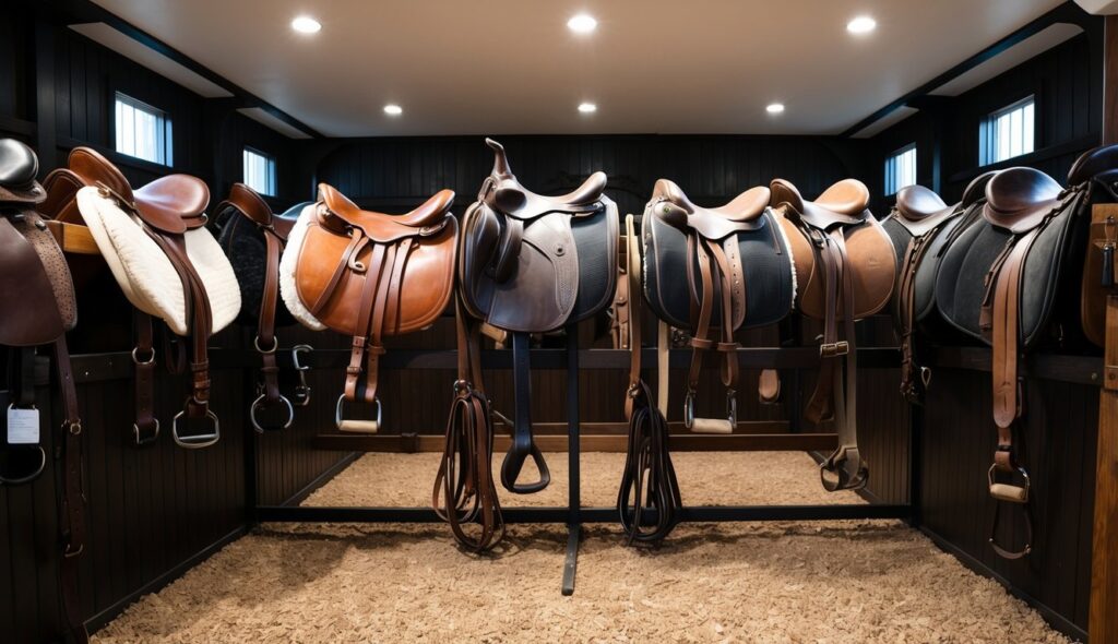 A variety of equestrian saddles displayed in a well-lit, spacious tack room, with comfortable padding and adjustable straps