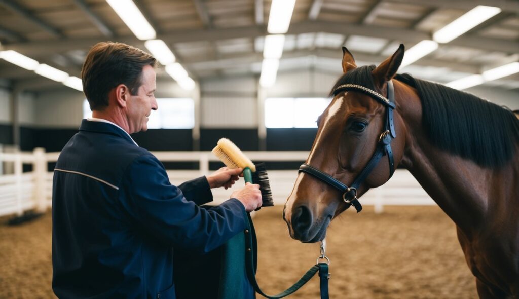 A horse being groomed with brushes and combs in a well-lit and spacious stable