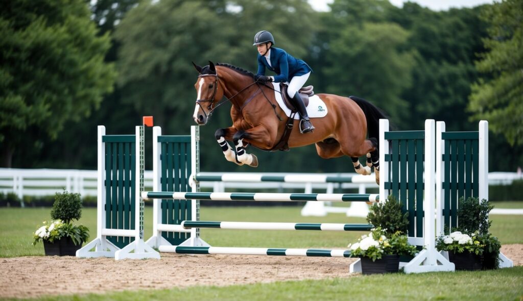 A horse leaps gracefully over a series of fences in a lush, well-groomed arena, with a focused rider guiding its movements