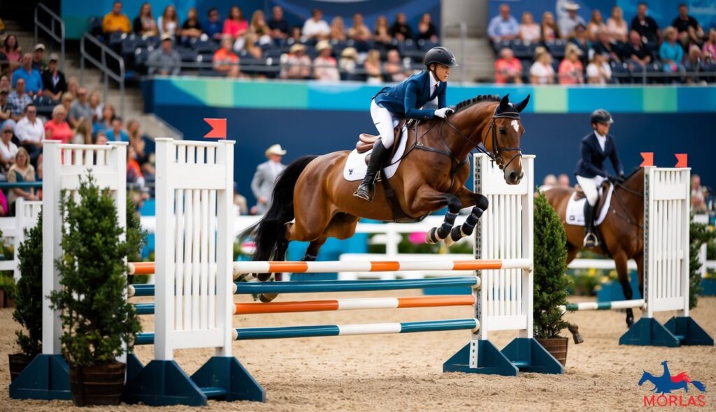 A horse and rider clear a jump in a show ring, surrounded by spectators and other competitors. The course features a variety of fences and obstacles