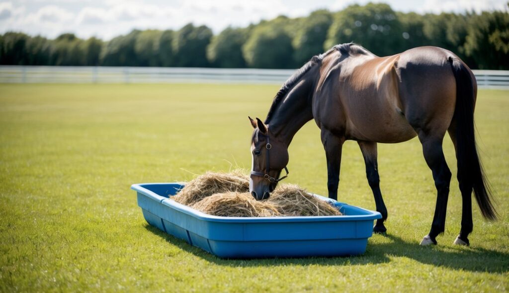 A horse standing in a spacious, grassy paddock, eating from a large, full hay net and drinking from a clean, fresh water trough