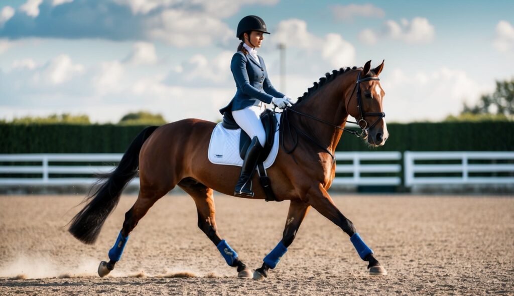 A horse and rider performing precise movements in a dressage arena, showcasing the skill and coordination required for equestrian dressage