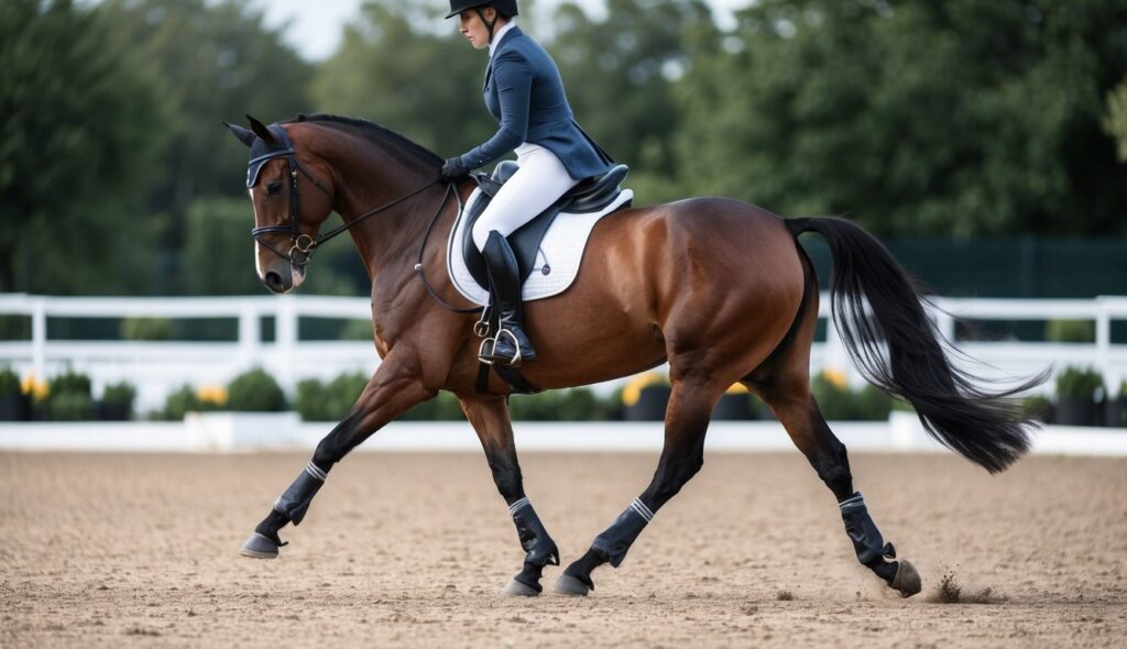 A horse gracefully performs dressage movements in a well-maintained arena, showcasing precision and skill in its training techniques