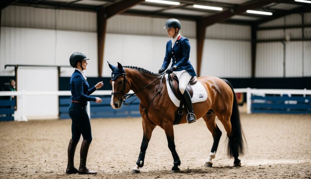 A beginner equestrian rider is being guided through basic riding techniques in a spacious, well-lit indoor arena. The instructor stands nearby, offering encouragement and instruction