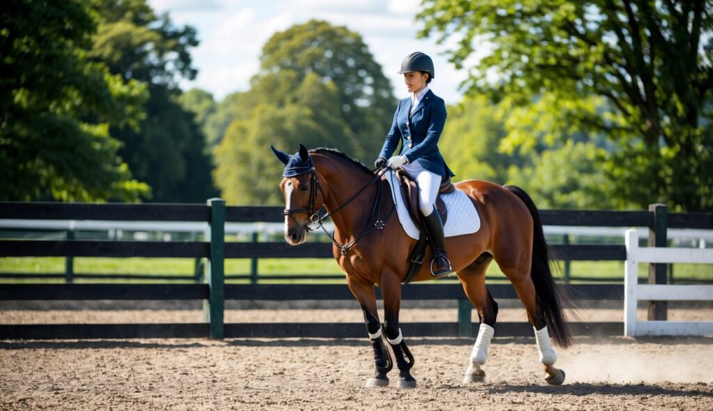 A beginner equestrian rider practices fundamental techniques in a sunny outdoor arena surrounded by lush green trees and a wooden fence