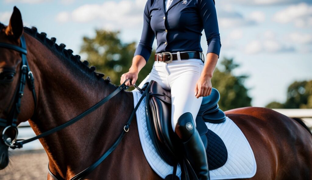 A rider wearing protective equestrian boots while mounted on a horse