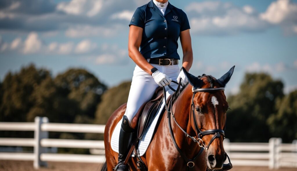 A rider wearing protective equestrian boots while mounted on a horse