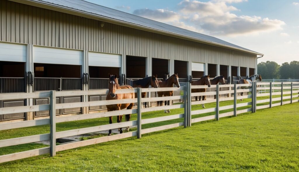 A spacious, well-ventilated barn with clean, comfortable stalls and ample turnout space. Horses are seen grazing in lush, fenced pastures with access to fresh water