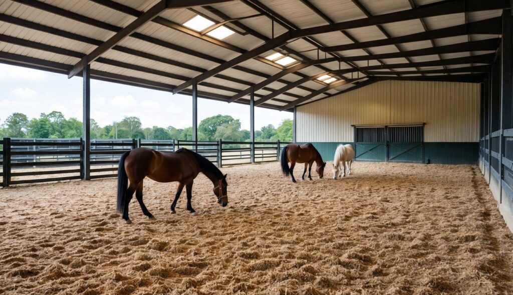 A spacious, well-maintained equestrian stable with clean bedding, ample natural light, and open turnout paddocks for horses to graze and socialize