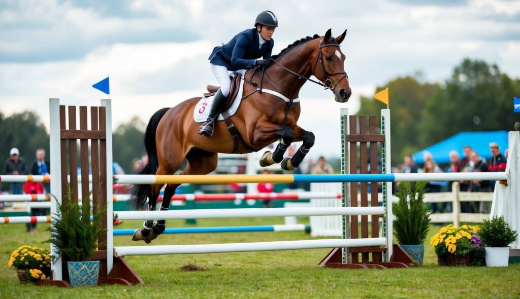 A horse clearing a jump on a cross-country course, with spectators in the background and a variety of natural obstacles