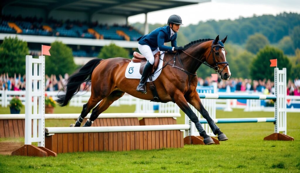 A powerful horse galloping over cross-country obstacles in the lush countryside, with a backdrop of a stadium and cheering spectators