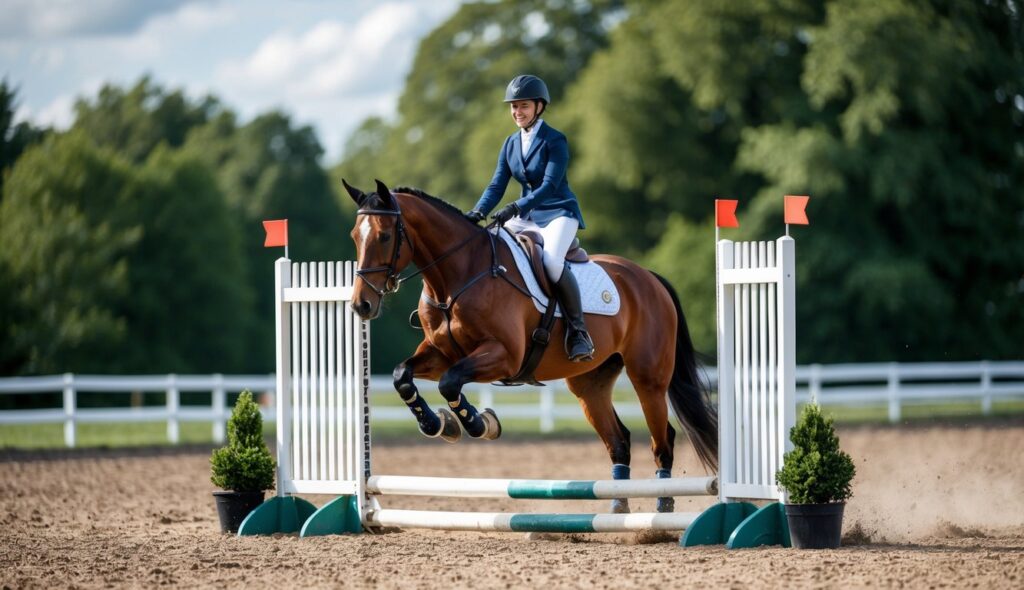 A new equestrian rider confidently guides their horse over a small jump, demonstrating improved skills and growing confidence in the saddle