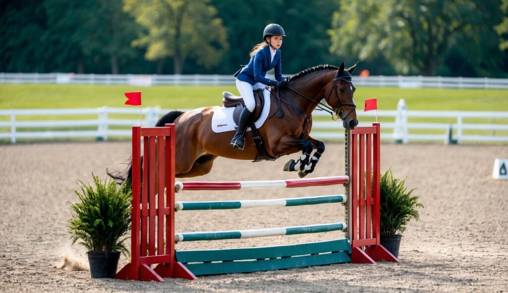 A young equestrian rider confidently guides her horse over a series of jumps in a spacious outdoor arena, demonstrating her developing skills and building confidence