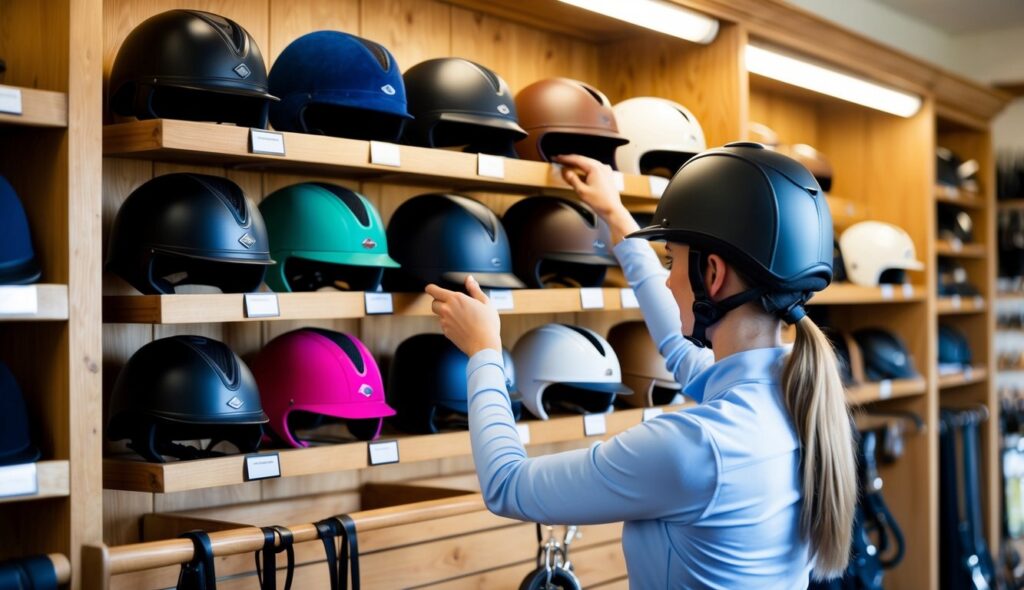 A rider is choosing from a variety of equestrian helmets displayed on a shelf in a well-lit tack shop