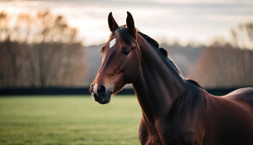 A horse standing with ears forward, relaxed posture, and gently swishing tail