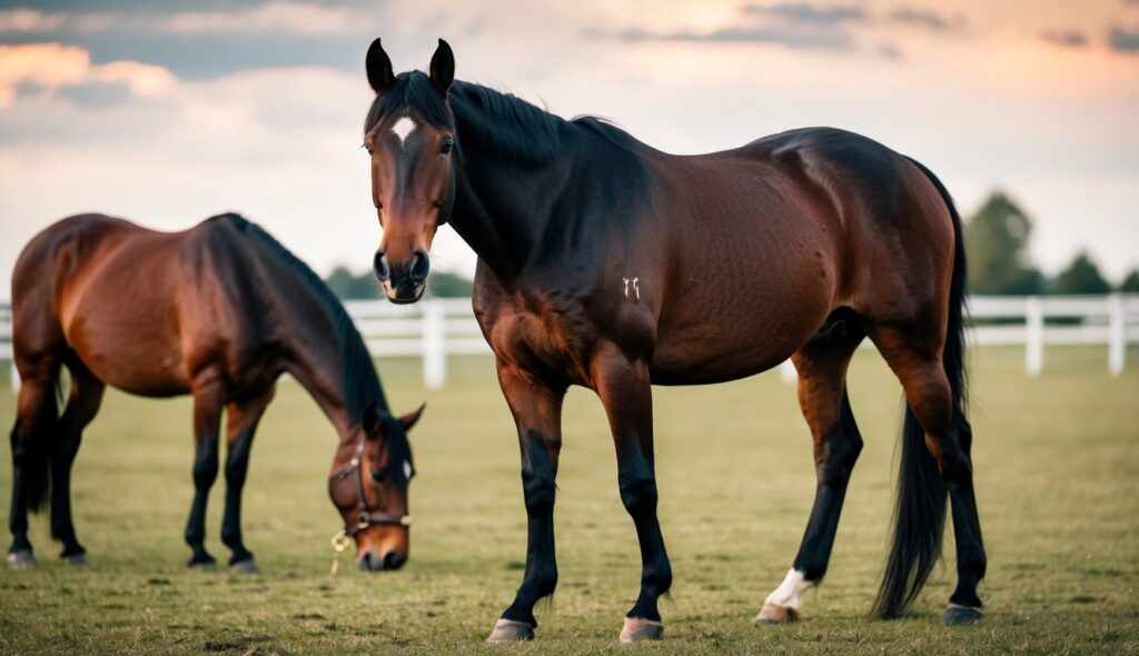 A horse standing with ears forward and relaxed posture, while another horse approaches with lowered head and submissive body language