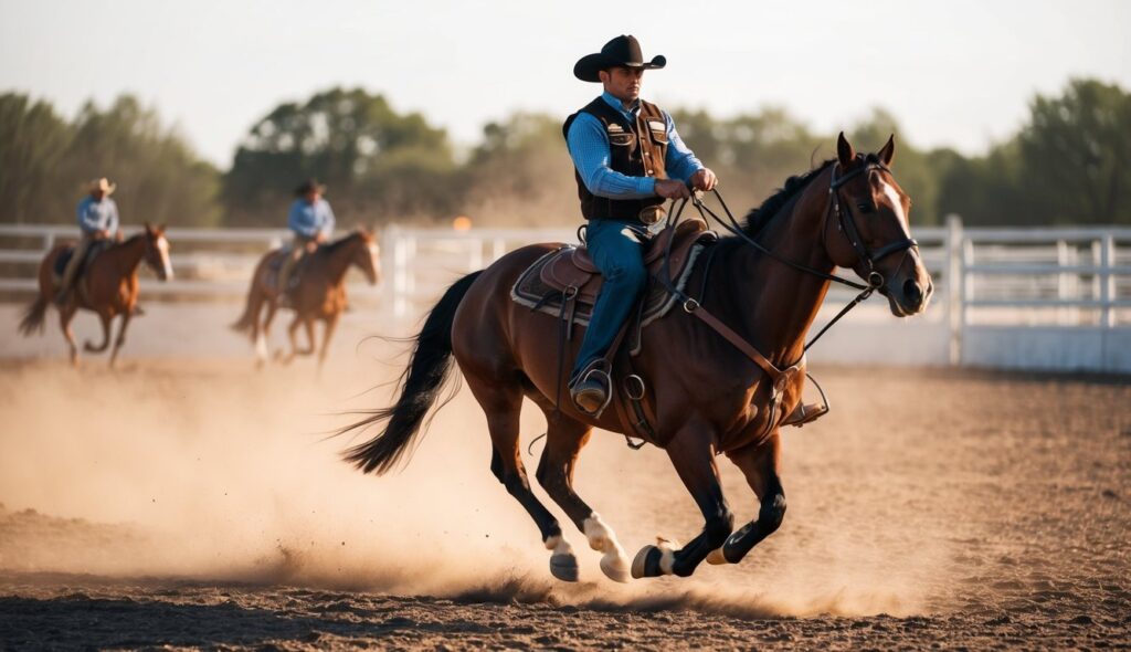 A cowboy on a powerful horse performs precise maneuvers in a dusty arena, showcasing the origins and evolution of equestrian reining