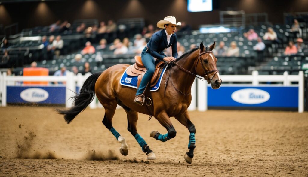 A horse and rider execute precise maneuvers in a reining competition arena, with a focus on speed, agility, and control