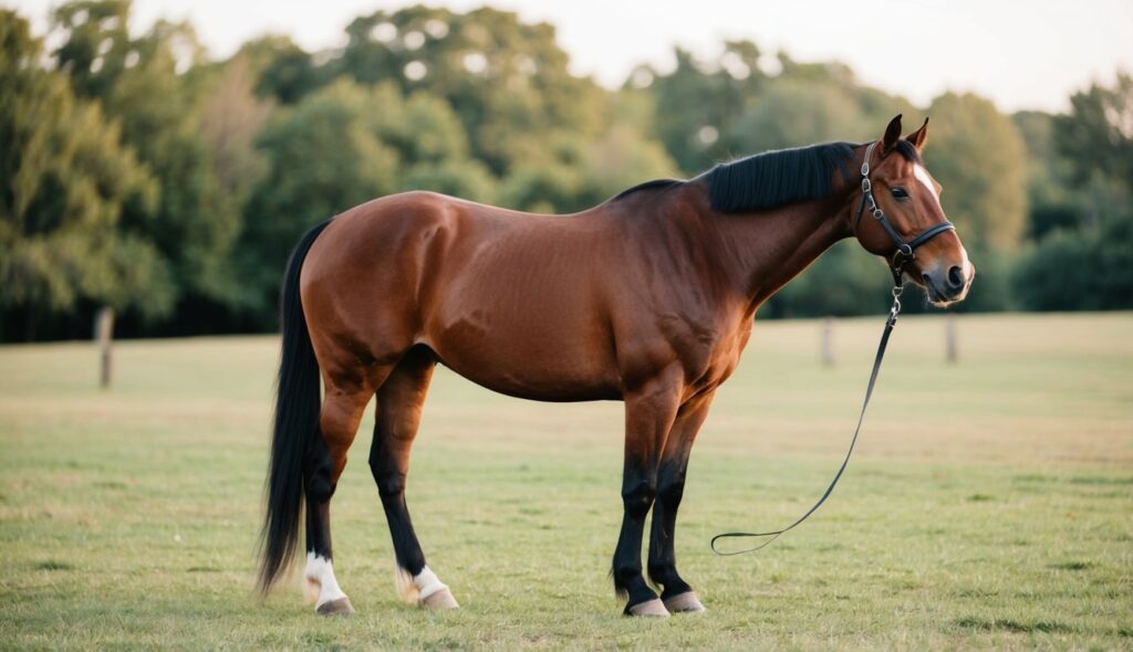 A horse standing calmly in a pasture, ears forward, showing relaxed body language