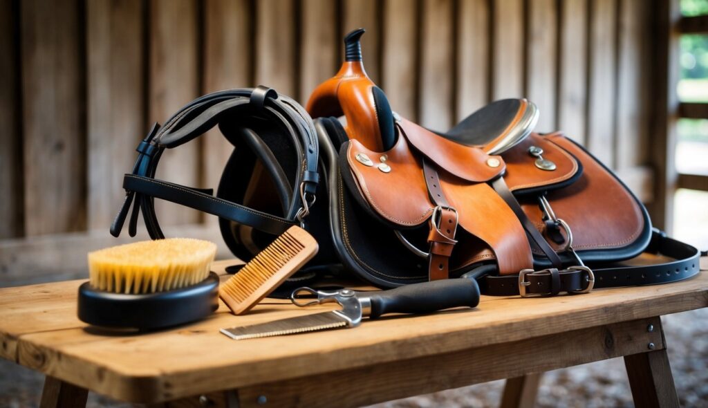 A saddle, bridle, curry comb, hoof pick, and brush lay neatly on a wooden grooming table in a rustic barn