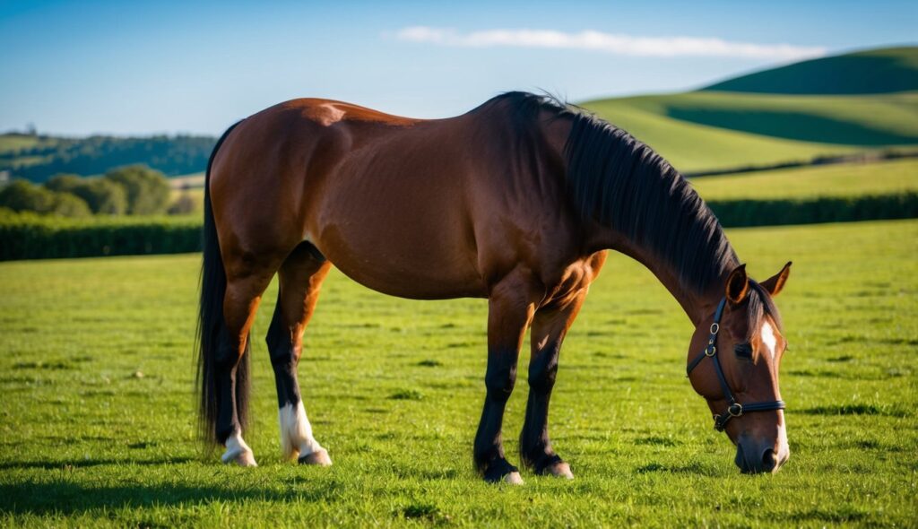 A horse grazing in a lush pasture, with a clear blue sky and rolling hills in the background. The horse appears healthy and vibrant, with a shiny coat and bright eyes