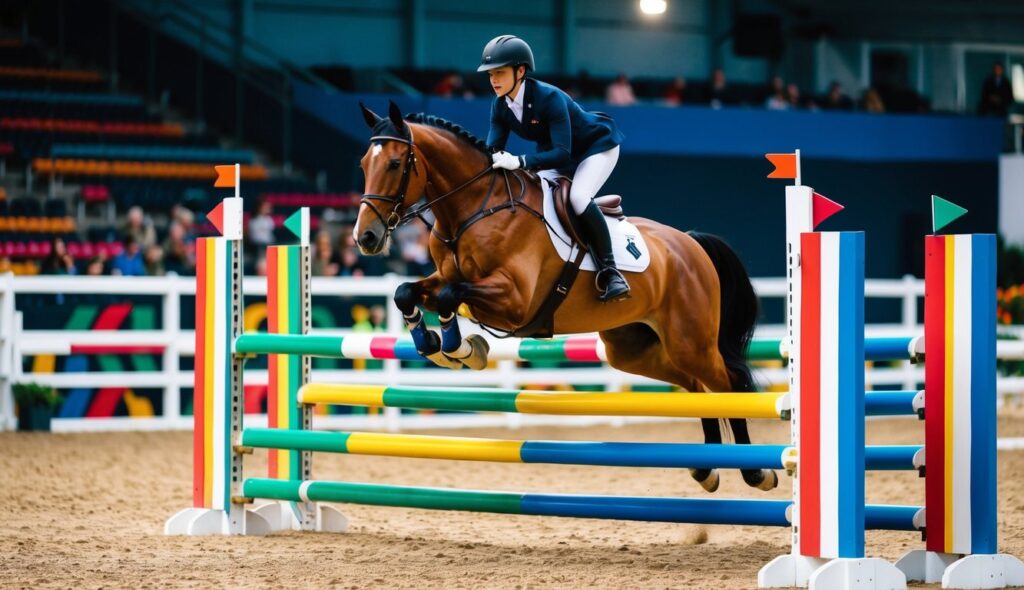 A horse and rider clear a series of colorful jumps in a show jumping arena, demonstrating speed and technique