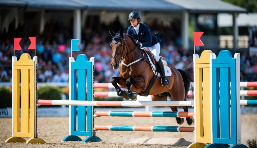 A horse and rider clear a series of colorful jumps with precision and speed in an equestrian show jumping competition