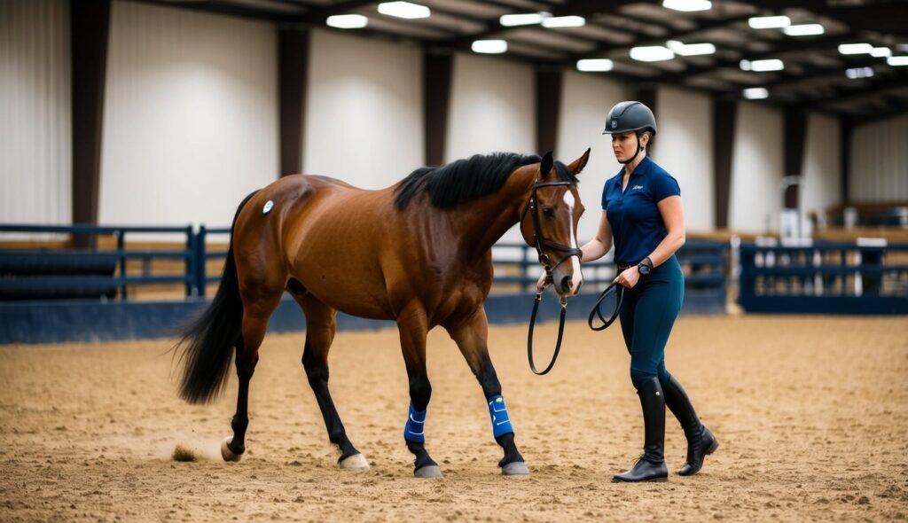 A horse being guided by a trainer through a series of equestrian training exercises in a spacious indoor arena