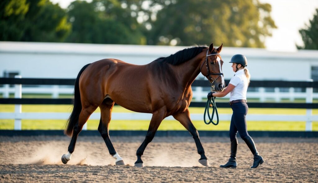 A horse being guided through training exercises in a controlled environment by a skilled equestrian trainer