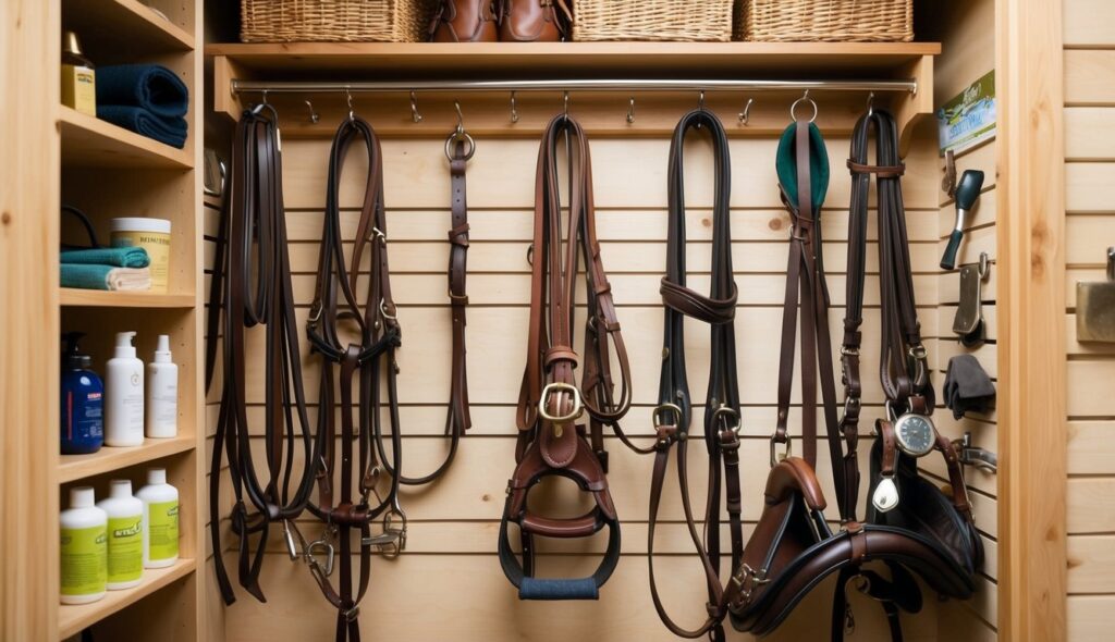 A well-organized tack room with neatly hung bridles, saddles, and grooming tools. Shelves hold leather conditioner and cleaning supplies. A cozy, well-lit space