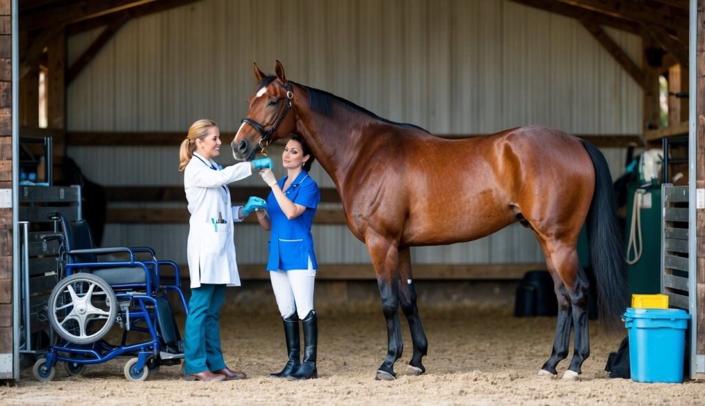 A horse standing calmly while a veterinarian performs a check-up, surrounded by equestrian equipment and a tranquil barn setting