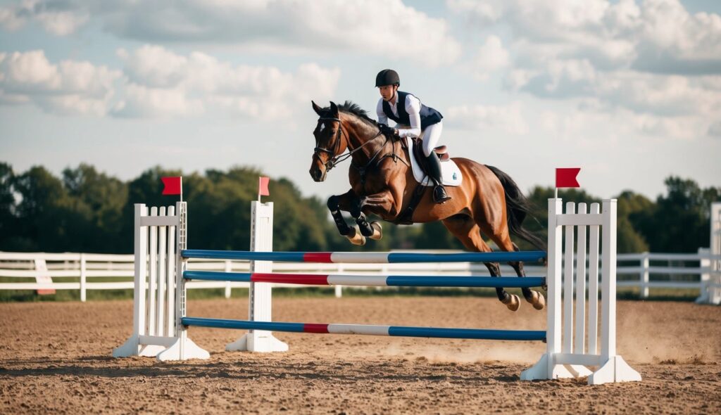 A horse and rider navigating a series of jumps in a riding arena