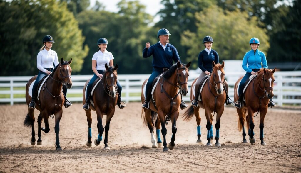 A riding instructor guiding a group of students through an outdoor arena, demonstrating proper posture and technique while mounted on their horses