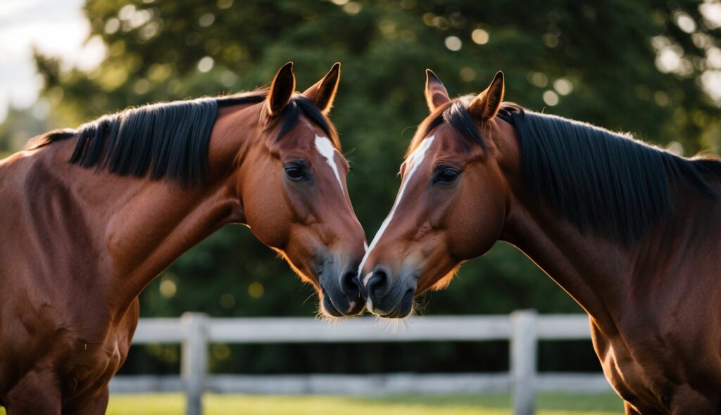 A horse with pricked ears and relaxed posture nuzzles another horse with a lowered head, indicating a friendly and calm interaction