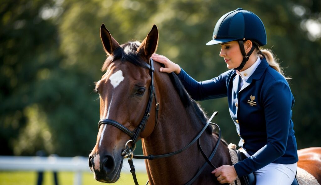 A rider gently strokes a horse's neck, observing its ears and body language for signs of relaxation or tension