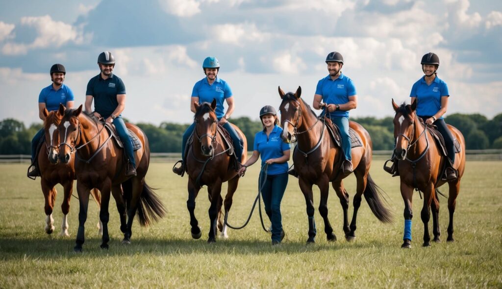 A group of horses and people working together in an open field, engaging in various team-building activities such as leading, grooming, and guiding the horses