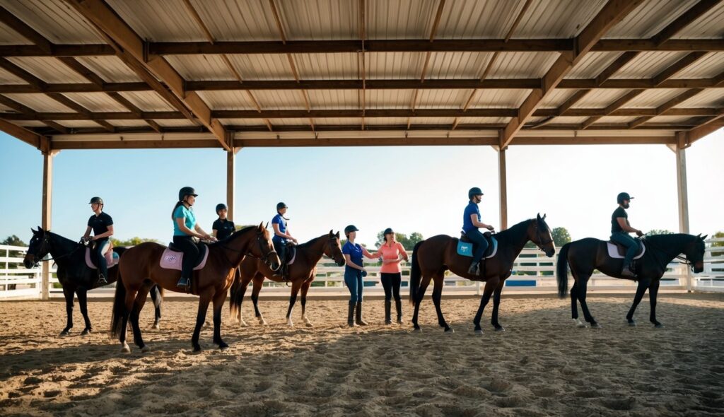 A group of horses and people engaged in team-building activities in a spacious, sunlit arena