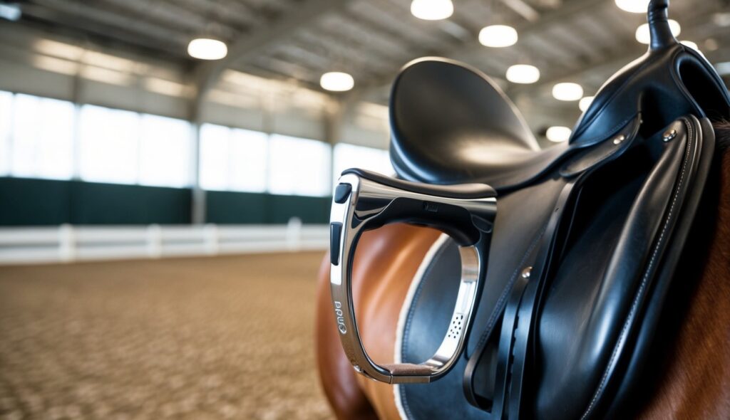 A sleek, modern stirrup with integrated tracking technology, attached to a high-quality leather saddle on a well-groomed horse in a spacious, well-lit indoor arena