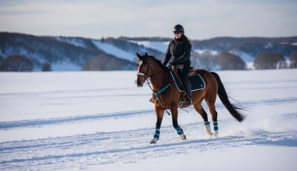 A horse and rider traverse a snowy, windswept landscape, following a carefully planned route and wearing protective gear