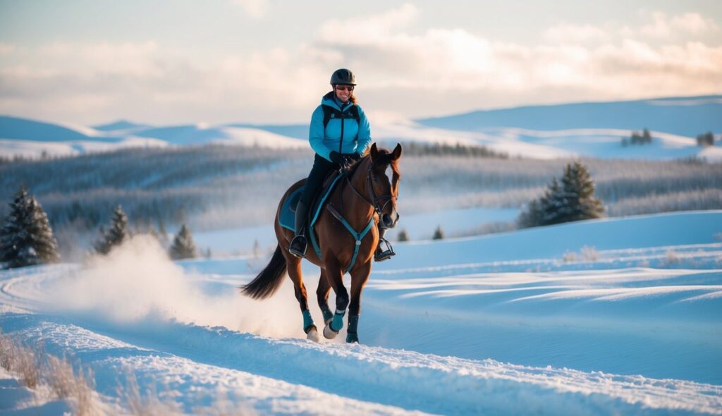 A horse and rider navigate through a snowy, windswept landscape, equipped with protective gear and following a carefully planned route